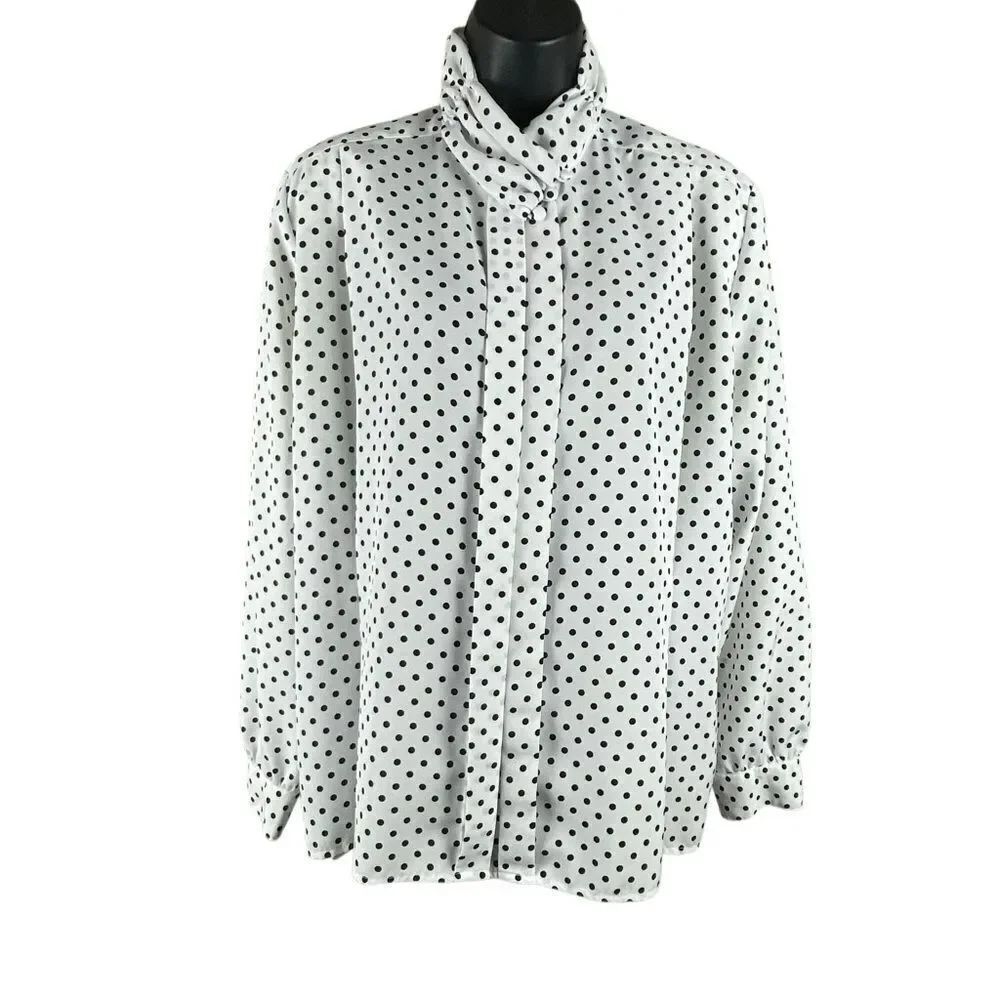 Vintage 80s Polka Dot Print Blouse White Black 12